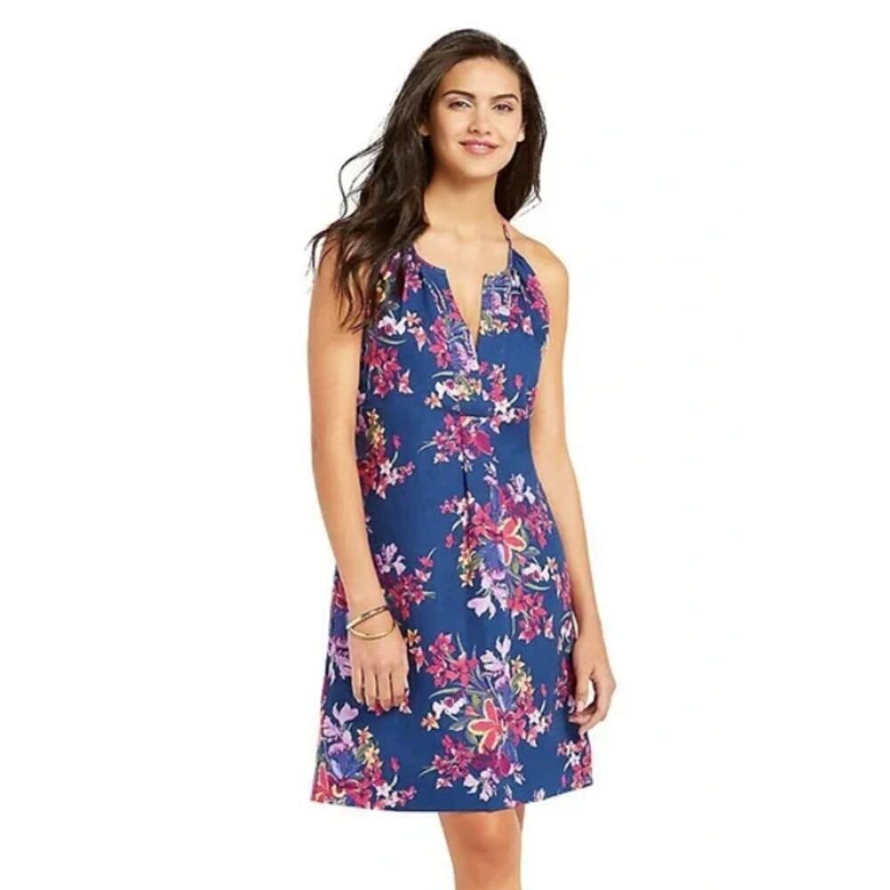 Tommy Bahama Navy Blue Floral Print 100% Linen Shift Dress Size Large Sleeveless